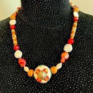 Coin and Biwa Pearl w/ Bead Necklace. Medallion Accent,  Chrome Clasp, 21” NWOT